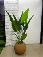 Artificial Cocoyam Plant 135cm–150cm in Rustic Round Ball Fiberglass Vase | Indoor Décor Nigeria