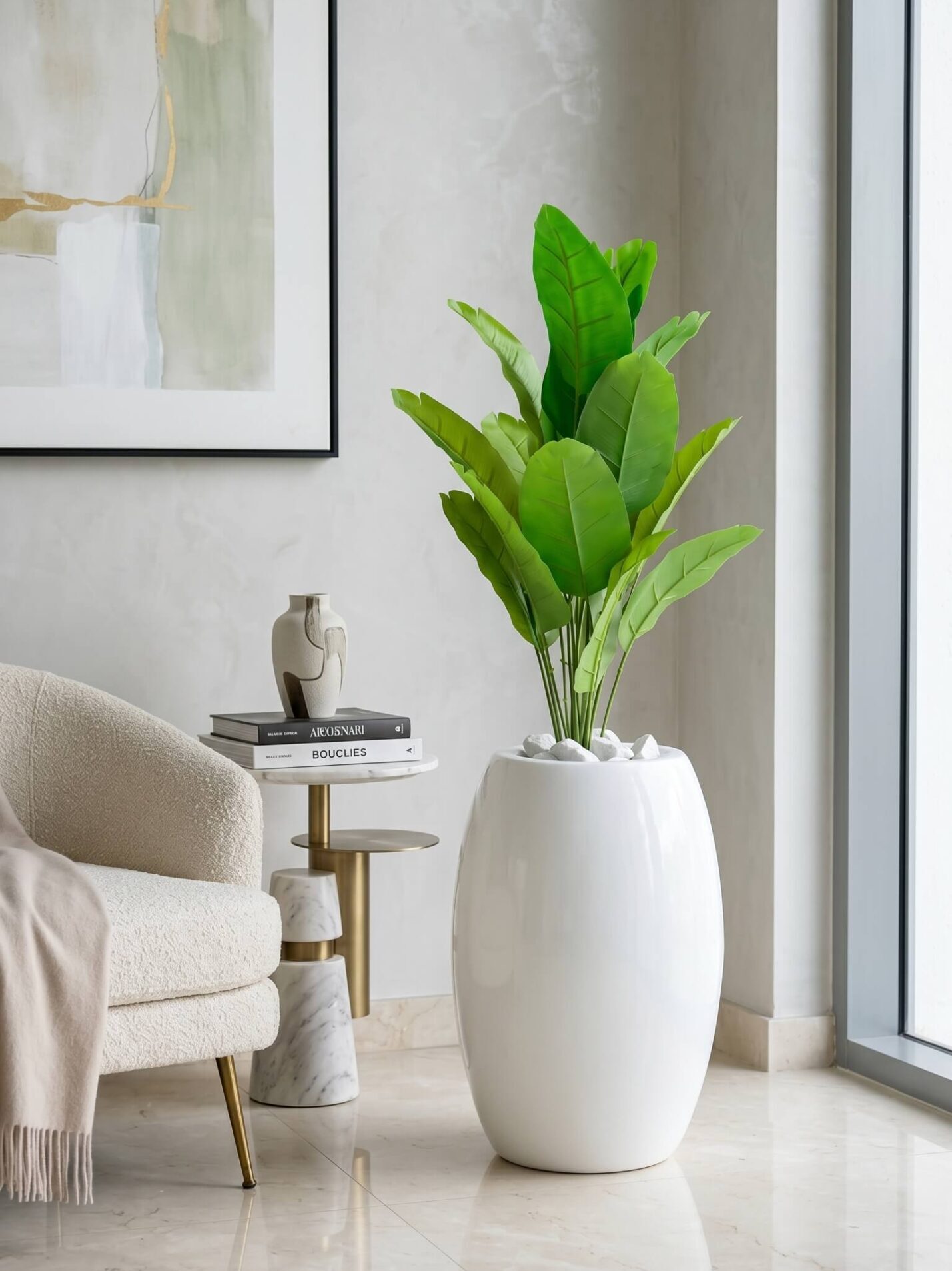 Artificial mini plant and vase combo Artificial Mini Plants in Fiberglass Vase 95cm with White Pebble Stones | Modern Indoor Décor Nigeria - Image 1
